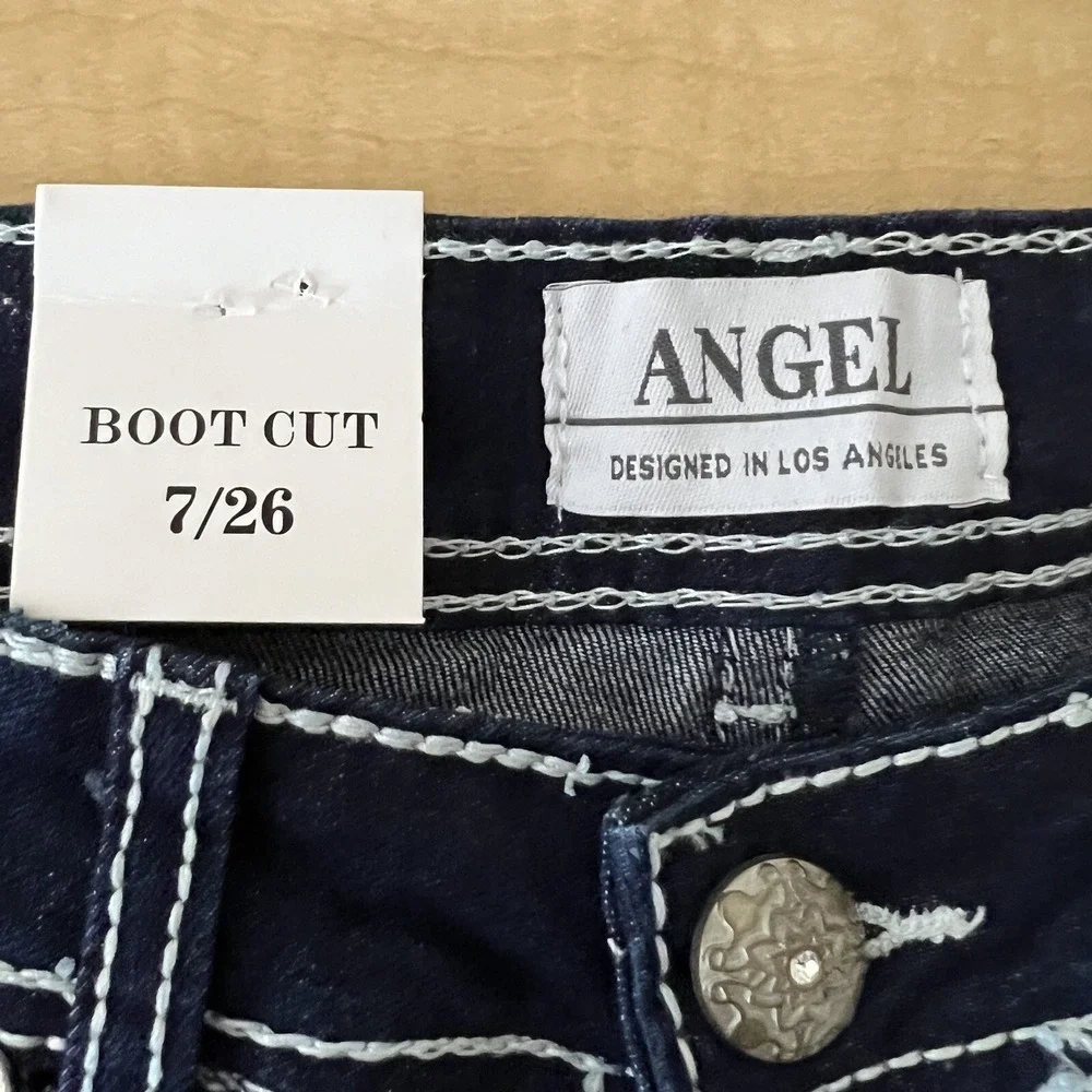 Angel Womens Stretch Jeans Sz 7/26 Navy Blue Embellished/Rhinestone Boot Cut NWT